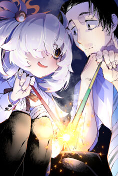 1boy 1girl :d absurdres black_eyes black_hair black_pantyhose blue_archive blue_necktie blush bright_pupils brown_ribbon closed_mouth collared_shirt commentary couple diagonal-striped_clothes diagonal-striped_necktie dress_shirt eyeball_hair_ornament feet_out_of_frame fireworks from_behind grey_hair hair_over_one_eye halo hand_up happy hetero highres holding holding_fireworks kanoe_(blue_archive) long_bangs long_hair long_sleeves looking_at_another multicolored_eyes nakamobu neck_ribbon necktie night one_eye_covered open_mouth orange_eyes orange_halo outdoors pantyhose ribbon school_uniform senkou_hanabi sensei_(blue_archive) shirt short_hair sitting sleeves_rolled_up smile sparkler sparks spiked_hair split_mouth squatting striped_clothes two-tone_eyes two_side_up underlighting white_pupils white_shirt