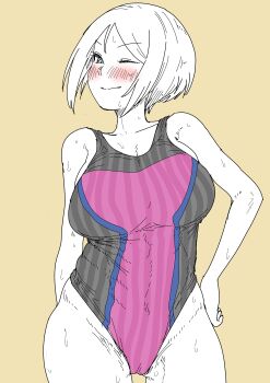 Rule 34 | 1girl, absurdres, blue eyes, blush, breasts, chouno ami, girls und panzer, hand on own hip, highres, kaiman garupan, large breasts, one-piece swimsuit, purple one-piece swimsuit, short hair, smile, solo, standing, swimsuit