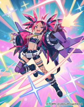 Rule 34 | ahoge, black boots, black jacket, black shirt, black shorts, black streaks, boots, breasts, commentary request, copyright notice, cropped shirt, fishnet thighhighs, fishnets, highres, jacket, medium hair, navel, official art, purple eyes, purple thighhighs, red hair, shirt, shorts, small breasts, smile, solo, thighhighs, two side up, wixoss, yuko (uc yuk)