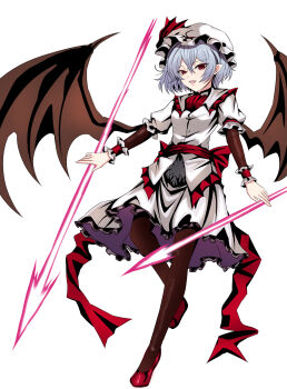 Rule 34 | 1girl, bat wings, blue hair, brown pantyhose, collared shirt, commentary request, dual wielding, embellished costume, frilled shirt collar, frilled wrist cuffs, frills, full body, hat, hat ribbon, highres, holding, looking at viewer, merihari07, mob cap, open mouth, pantyhose, pointy ears, puffy short sleeves, puffy sleeves, red eyes, red shoes, red wrist cuffs, remilia scarlet, ribbon, shirt, shoes, short sleeves, simple background, skirt, smile, solo, touhou, white background, white shirt, white skirt, wings, wrist cuffs