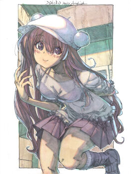 Rule 34 | 1girl, arm behind back, belt boots, boots, border, bra, brown eyes, brown hair, ceiling, commentary request, dated, eyeshadow, fingernails, frilled shirt, frills, fur hat, happy, hat, highres, indoors, kneehighs, leaning forward, light blush, long fingernails, long hair, looking to the side, makeup, marker (medium), meiz, miniskirt, original, outline, painting (medium), red eyeshadow, see-through clothes, see-through shirt, shikishi, shirt, short sleeves, signature, skirt, sneaking, socks, solo, standing, standing on one leg, swept bangs, thick thighs, thighs, traditional media, underwear, vent (object), very long hair, watercolor (medium), white border, white hat, white outline, white shirt