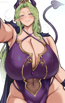 1girl artist_name black_cape blue_gloves blue_panties blush breasts cape cleavage clothing_cutout covered_navel crown demon_girl demon_horns demon_tail dress earrings fur-trimmed_cape fur_trim gloves green_hair horns huge_breasts jewelry lips long_hair mature_female narrowed_eyes navel_cutout noiretox original panties pelvic_curtain pointy_ears purple_dress purple_eyes queen reaching reaching_towards_viewer skindentation sleeveless sleeveless_dress smile solo standing sweat tail underwear white_background