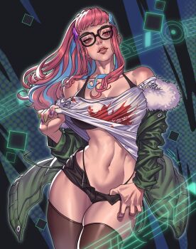 1girl atlus black_bra black_panties black_shorts blue_hair bra breasts brown_eyes brown_thighhighs clothes_lift cosplay cowboy_shot curvy fatal_fury fatal_fury:_city_of_the_wolves glasses green_jacket highleg highleg_panties highres jacket large_breasts legs long_hair megami_tensei micro_shorts multicolored_hair navel off_shoulder panties parted_lips persona persona_5 pink_hair preecha_(fatal_fury) pulling_own_clothes sakura_futaba sakura_futaba_(cosplay) seductive_gaze seductive_smile shirt shirt_lift shorts smile snk solo superbull thighhighs thighs thong toned unbuttoned underwear unzipped whale_tail_(clothing) white_shirt