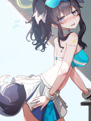 Rule 34 | 1girl, animal ears, black hair, blue archive, blush, breasts, bright pupils, dog ears, dog girl, dog tail, flying sweatdrops, from side, halo, hibiki (blue archive), hibiki (cheer squad) (blue archive), highres, komena (shinyday312), long hair, looking at viewer, looking to the side, median furrow, medium breasts, millennium cheerleader outfit (blue archive), miniskirt, nose blush, official alternate costume, pleated skirt, ponytail, sidelocks, skirt, solo, tail, tail under clothes, white pupils