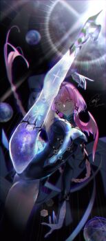 Rule 34 | 1girl, absurdres, axe kick, braid, breasts, colored skin, high heels, highres, ishmael: parhelion (pgr), ishmael (pgr), legs, lens flare, leotard, long hair, looking at viewer, multicolored skin, parted lips, pink hair, punishing: gray raven, single braid, slit pupils, solo, split, spread legs, standing, standing on one leg, standing split, wizard club