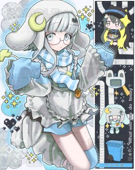 2girls animal_hat asymmetrical_legwear blue_scarf blunt_bangs carrot cat_hat chibi chibi_inset commentary commission english_commentary fashion glasses hat heart highres jersey_maid leg_warmers long_sidelocks looking_at_viewer maid mismatched_legwear multiple_girls original poin_(goruchopame) sample_watermark scarf short_hair_with_long_locks shorts sidelocks skeb_commission sleeves_past_fingers sleeves_past_wrists solo_focus sparkle striped_clothes striped_scarf tenshi_kaiwai unconventional_maid watermark white_eyes white_hair white_leg_warmers