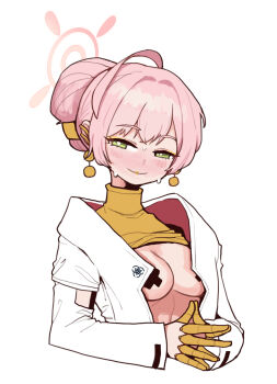 Rule 34 | 1girl, ahoge, blue archive, closed mouth, cropped torso, cross, cross pasties, earrings, eyeshadow, hair bun, halo, hanako (blue archive), highres, image sample, jewelry, long sleeves, looking at viewer, makeup, md5 mismatch, pasties, pink hair, pixiv sample, reccand, simple background, single hair bun, smile, solo, steepled fingers, sweat, turtleneck, upper body, white background, yellow eyeshadow
