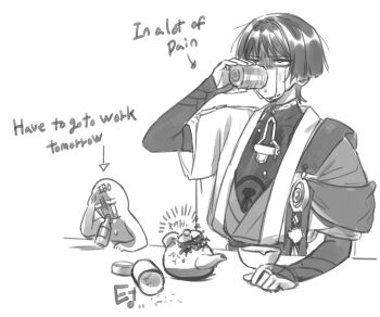 1boy 49ibo240 arm_rest armor arrow_(symbol) artist_self-insert blunt_ends bodysuit bottle bridal_gauntlets cape clenched_hand covered_collarbone crying crying_with_eyes_open cup drinking english_text gem genshin_impact grey_background greyscale hand_up holding holding_cup japanese_armor japanese_clothes juban kettle kimono kote looking_up male_focus monochrome open_clothes open_kimono pom_pom_(clothes) sanpaku scaramouche_(genshin_impact) short_sleeves streaming_tears tears tsurime vision_(genshin_impact) wanderer_(genshin_impact) yunomi