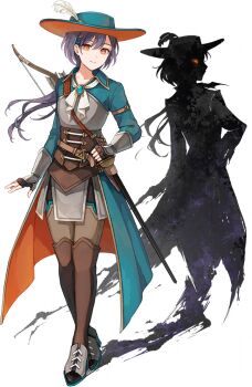 Rule 34 | 1girl, aqua hat, aqua shirt, aqua skirt, arrow (projectile), ascot, black gloves, boots, bow (weapon), brown boots, brown corset, closed mouth, collarbone, corset, double-parted bangs, feathers, fingerless gloves, floating hair, full body, game cg, gloves, grey hair, hair ornament, hasunosora fantasy, hat, hat feather, jellyfish cut, katsuragi izumi, link! like! love live!, long sleeves, looking at viewer, love live!, non-web source, official alternate costume, official art, orange eyes, orange hat, quiver, shadow, shirt, simple background, skirt, smile, solo, thigh boots, transparent background, triangle hair ornament, two-sided fabric, two-sided headwear, walking, weapon, weapon on back, white ascot, white feathers