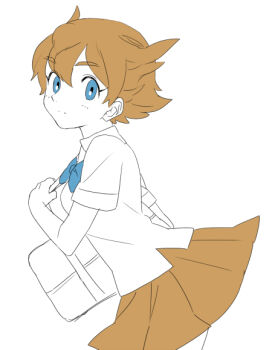 Rule 34 | 1089666666, 1girl, bad id, bad pixiv id, blue eyes, brown hair, female focus, flat color, gender request, genderswap, genderswap (mtf), inazuma eleven (series), inazuma eleven go, matsukaze tenma, monochrome, ouse (otussger), school uniform, simple background, skirt, solo, spot color, white background