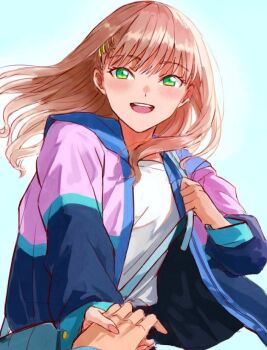 Rule 34 | 1boy, 1girl, asanaka yomogi, blush, breasts, brown hair, couple, green eyes, gridman universe, gridman universe (movie), hair ornament, hetero, holding, holding hands, jacket, long hair, looking at viewer, minami yume, official alternate costume, open mouth, risyo, shirt, skirt, small breasts, smile, ssss.dynazenon, t-shirt