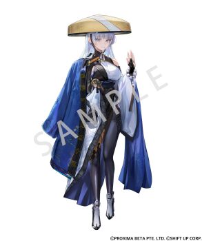 1girl aratakosu_(tako&#039;s) bead_bracelet beads blue_haori bracelet colored_eyelashes full_body goddess_of_victory:_nikke haori hat highres japanese_clothes jewelry jingasa monk nayuta_(nikke) print_haori sample_watermark simple_background solo split-color_clothes thick_eyelashes unusually_open_eyes watermark white_background white_eyelashes