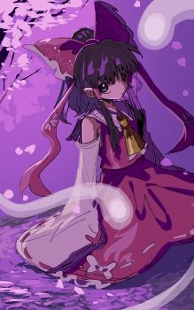 Rule 34 | 1girl, absurdres, ascot, bow, skirt bow, brown eyes, brown hair, closed mouth, commentary, detached sleeves, frilled bow, frilled hair tubes, frills, hair bow, hair tubes, hakurei reimu, highres, hitodama, ichirugi, long hair, looking at viewer, red bow, red skirt, ribbon-trimmed sleeves, ribbon trim, sitting, skirt, skirt set, solo, ten desires, touhou, white bow, yellow ascot