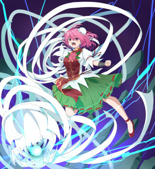 Rule 34 | 1girl, absurdres, bandaged arm, bandages, breasts, bun cover, chain, commentary request, cuffs, double bun, false arm, flower, full body, green skirt, guminemi, hair bun, highres, ibaraki kasen, leg up, looking at viewer, open mouth, pink eyes, pink flower, pink hair, pink rose, puffy short sleeves, puffy sleeves, red shoes, red tabard, ribbon-trimmed skirt, ribbon trim, rose, shackles, shirt, shoes, short sleeves, skirt, solo, tabard, touhou, white shirt