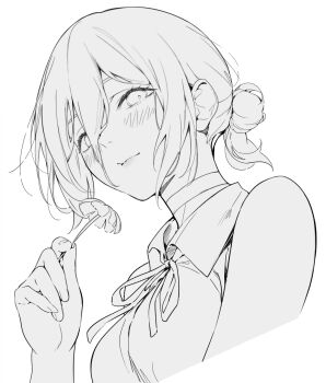 Rule 34 | 1girl, bare shoulders, blush, breasts, chainsaw man, choker, closed mouth, collared shirt, cropped torso, flower, greyscale, hair between eyes, hair bun, highres, holding, holding flower, light smile, lineart, looking at viewer, medium breasts, medium hair, monochrome, neck ribbon, reze (chainsaw man), ribbon, shirt, sleeveless, sleeveless shirt, sola (solo0730), solo, updo, upper body, white background
