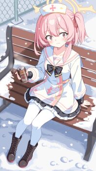 1girl absurdres bench black_skirt blue_archive blush boots brown_boots can chain-link_fence closed_mouth collarbone commentary_request day double-parted_bangs drink_can fence frilled_skirt frills full_body hair_between_eyes halo highres holding holding_can lace-up_boots long_sleeves looking_at_viewer one_side_up outdoors pantyhose pink_eyes pink_hair pleated_skirt sailor_collar school_uniform serafuku serina_(blue_archive) setteiset shirt short_hair sitting skirt snow snowing solo textless_version white_pantyhose white_sailor_collar white_shirt winter yellow_halo