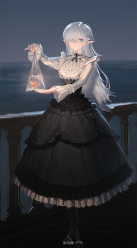 Rule 34 | 1girl, bag, black boots, black skirt, blue eyes, blurry, blurry background, boots, chinese commentary, commentary request, fingernails, fish, frilled shirt collar, frilled skirt, frills, full body, hair over one eye, hand up, highres, holding, holding bag, lingear, long hair, long skirt, long sleeves, looking at viewer, multicolored skirt, nail polish, original, outdoors, parted lips, pointy ears, shirt, skirt, solo, two-tone skirt, white hair, white nails, white shirt, white skirt