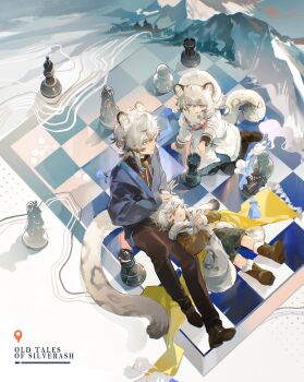 1boy 2girls aged_down animal_ears arknights arm_support artist_request black_hair black_shirt black_shorts blue_eyes blue_jacket boots brother_and_sister brown_pants brown_shoes chess_piece chessboard chinese_commentary cliffheart_(arknights) closed_eyes colored_tips commentary_request dress elevation_contour_lines english_text full_body fur-trimmed_boots fur-trimmed_jacket fur_trim hand_on_another's_head hat highres jacket knight_(chess) looking_at_another mountain multicolored_hair multiple_girls pants pawn_(chess) pramanix_(arknights) shawl shirt shoes shorts siblings silverash_(arknights) silverash_(young)_(arknights) sitting snow_leopard_boy snow_leopard_ears snow_leopard_girl snow_leopard_tail white_dress white_hair white_hat yellow_shawl yokozuwari