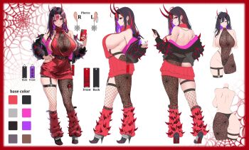 1girl asymmetrical_clothes asymmetrical_legwear backless_outfit black_hair black_jacket black_shoes breasts color_guide colored_inner_hair commentary eyeshadow fishnet_thighhighs fishnets hand_on_own_hip high_heels highres holding holding_phone horns jacket jewelry large_breasts leotard long_hair makeup multicolored_hair multiple_views open_clothes open_jacket original phone purple_eyeshadow purple_hair red_hair red_horns red_nails red_sweater ring see-through_clothes see-through_leotard shoes sideboob single_pantsleg spider_web_print streaked_hair sweater thighhighs uzyou_(momotk1109)