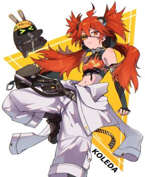 1girl 1other ahoge bangboo_(zenless_zone_zero) belt belt_buckle black_belt black_footwear boots buckle closed_mouth commentary_request crop_top elbow_gloves eyepatch fingerless_gloves gloves hair_ornament hanako_(hanahanako03) highres japanese_text koleda_belobog long_hair looking_at_viewer navel orange_eyes pants red_hair robot safety_(zenless_zone_zero) sitting sleeveless sphere_hair_ornament twintails white_pants zenless_zone_zero