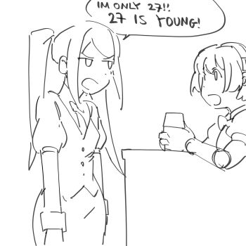 2girls android cowboy_shot dorothy_haze english_text greyscale highres jill_stingray joints juliet_sleeves liowig long_sleeves looking_at_another monochrome multiple_girls necktie open_mouth puffy_sleeves robot_joints short_hair sidelocks sketch speech_bubble standing twintails upper_body va-11_hall-a vest