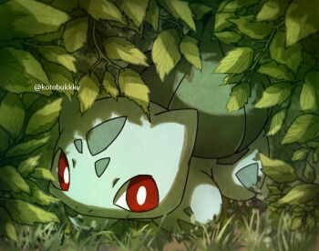 bright_pupils bulbasaur commentary_request gen_1_pokemon grass kotobukkii_(yt_lvlv) leaf nintendo no_humans pokemon pokemon_(creature) pokemon_focus red_eyes shadow solo twitter_username watermark white_pupils