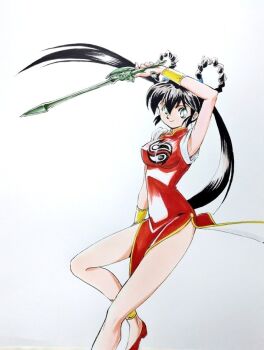 1990s_(style) 1girl black_hair bracelet braid china_dress chinese_clothes closed_mouth dress gold_trim green_eyes holding holding_sword holding_weapon jewelry long_hair looking_at_viewer mamono_hunter_youko mano_youko miyao_gaku official_art red_dress red_shoes retro_artstyle shirt shoes simple_background sleeveless smile solo sword twintails weapon white_background yin_yang