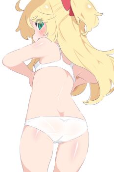 1girl ass blonde_hair blush bra breasts cowboy_shot dressing embarrassed female_focus flat_ass from_behind from_below himesaka_noa kukuchi581 loli looking_at_viewer looking_back looking_down open_mouth panties ponytail profile short_ponytail simple_background small_breasts solo standing straight_hair surprised underwear underwear_only watashi_ni_tenshi_ga_maiorita! white_background white_bra white_panties