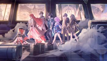 3girls 4boys black_hair caelus_(honkai:_star_rail) commentary_request dan_heng_(honkai:_star_rail) dan_heng_(hunt)_(honkai:_star_rail) dual_persona from_side grey_hair highres himeko_(honkai:_star_rail) honkai:_star_rail honkai_(series) indoors kukatsuma long_hair march_7th_(honkai:_star_rail) march_7th_(preservation)_(honkai:_star_rail) medium_hair multiple_boys multiple_girls pants pink_hair pom-pom_(honkai:_star_rail) red_hair reflection smoke stelle_(honkai:_star_rail) trailblazer_(honkai:_star_rail) twitter_username walking watermark welt_yang window