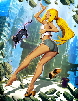 ass bare_legs blonde_hair breasts cat covered_erect_nipples dusty_(gravity_daze) floating floating_island floating_rock genzoman gravity_daze gravity_daze_2 highres kitten_(gravity_daze) looking_at_viewer looking_back official_alternate_costume official_alternate_hairstyle ponytail red_eyes sandals shoe_dangle short_shorts shorts sideboob single_bare_foot smile tank_top unworn_sandals white_tank_top