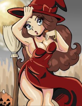 1girl armpits blue_eyes bracelet breasts broom brown_hair cleavage dress hat hedgieku highres jewelry large_breasts lips long_hair mario_(series) moon nintendo pauline_(mario) pumpkin sleeveless witch_hat