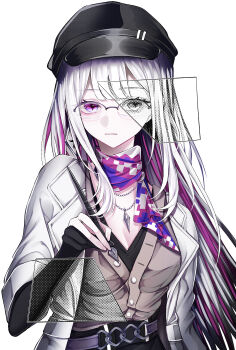 1girl belt beret blunt_bangs breasts cleavage colored_inner_hair commentary_request glasses hat highres holding holding_pen honkai:_star_rail honkai_(series) jacket jewelry long_hair multicolored_hair neckerchief necklace nib_pen_(object) nihilux_(honkai:_star_rail) open_clothes open_jacket partially_colored pen purple_eyes shirt siu-4u symbol-shaped_pupils very_long_hair white_hair