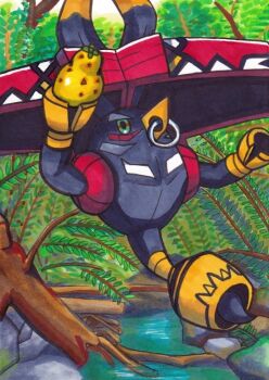 berry_(pokemon) commentary_request face_piercing floating food fruit gen_7_pokemon holding holding_food holding_fruit horns leaf legendary_pokemon nintendo no_humans nose_piercing nose_ring outdoors piercing pokemon pokemon_(creature) pokemon_focus rock sitrus_berry solo stick tapu_bulu traditional_media tree wanitack water