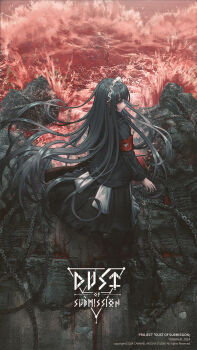 1girl armband black_eyes black_hair black_jacket black_nails black_skirt chain closed_mouth commentary_request ear_piercing earrings english_text floating_hair gun highres holding holding_gun holding_weapon inverted_cross_earrings jacket jewelry long_hair long_sleeves nail_polish ocean original piercing red_water scope sidelocks skirt solo very_long_hair weapon yurika-r