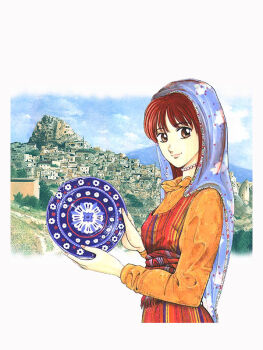 1girl aoki_tetsuo bad_id blue_veil brown_eyes closed_mouth cropped_torso day dress from_side holding holding_plate looking_at_viewer looking_to_the_side matsumoto_misaki medium_hair misaki_no_utsuwa official_art orange_shirt outdoors pearl_choker pinafore_dress plate red_dress red_hair shirt sleeveless sleeveless_dress smile solo town turning_head uchisar_(town) veil