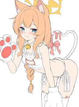 1girl animal_ear_fluff animal_ears animal_hands bell bikini blue_archive blue_eyes blush bow braid breast_cutout breasts cat_ears cat_lingerie cat_tail choker commentary_request cowboy_shot double-parted_bangs gloves gluteal_fold hair_between_eyes halo highres leaning_forward long_hair looking_at_viewer mari_(blue_archive) neck_bell orange_hair paw_gloves red_bow red_ribbon ribbon side-tie_bikini_bottom sidelocks simple_background single_braid sketch skindentation small_breasts smile solo sweat swimsuit tail tail_bow tail_ornament tail_ribbon thighhighs thighs white_background white_choker white_thighhighs yellow_halo zarashi