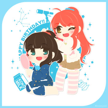 2girls ahoge asahina_kokomi battle_girl_high_school blue_border blue_bow blue_eyes blue_jacket border bow brown_hair brown_shorts canis_major_(constellation) chibi chibi_only commentary_request constellation drink_carton hand_mirror happy_birthday hasumi_urara highres holding holding_mirror jacket milk_carton mirror motyomi multiple_girls one_eye_closed red_hair shorts sparkle striped_clothes striped_thighhighs thighhighs