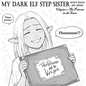 Rule 34 | 1girl, ^ ^, absurdres, aged down, bb (baalbuddy), book, closed eyes, dark-skinned female, dark elf, dark skin, elf, english text, highres, holding, holding book, long hair, original, pointy ears, smile, solo, speech bubble, zana (dark elf stepsister)