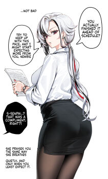 1girl alternate_costume arlecchino_(genshin_impact) ass black_eyes black_hair black_pantyhose black_skirt breasts commentary cross-shaped_pupils earrings english_commentary english_text foxyreine from_behind genshin_impact hair_between_eyes highres holding holding_paper jewelry large_breasts long_hair looking_at_viewer looking_back low_ponytail multicolored_hair office_lady pantyhose paper parted_lips ponytail red_pupils shirt shirt_tucked_in simple_background skirt solo streaked_hair symbol-shaped_pupils two-tone_hair watch white_background white_hair white_shirt wristwatch