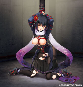 1girl anklet arms_up bdsm black_hair black_pantyhose black_serafuku black_skirt blue_cardigan blue_jacket bondage bound bound_arms breasts breasts_out cardigan clogs clothes_lift clothes_pull crotch_rope floral_print flower full_body hair_flower hair_ornament jacket jewelry kneeling long_sleeves mole mole_under_eye neckerchief nipples non-web_source official_art open_cardigan open_clothes open_mouth panties pantyhose pleated_skirt red_rope restrained rope scarf school_uniform serafuku shibari shibari_over_clothes short_hair skirt skirt_pull solo spread_legs takanashi_sayo thighband_pantyhose tokyo_necro_suicide_mission torn_clothes torn_pantyhose underwear white_neckerchief white_panties yellow_eyes