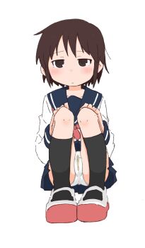 1girl :< black_socks blue_sailor_collar blue_skirt blush brown_eyes brown_hair cameltoe closed_mouth female_focus full_body half-closed_eyes hands_on_own_knees kneehighs kude_rei_(ponnu_(tnpn2yw)) long_sleeves looking_afar matching_hair/eyes miniskirt neckerchief nose_blush original panties pee peeing peeing_self pleated_skirt ponnu_(tnpn2yw) red_neckerchief red_shoes sailor_collar shirt shoes short_hair sidelocks simple_background skirt socks solo squatting underwear upskirt wet wet_clothes wet_panties white_background white_panties white_shirt