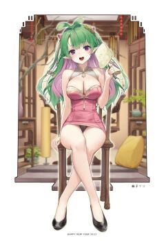1girl black_panties breasts cameltoe chinese_clothes colored_inner_hair crossed_legs dress framed green_hair hand_fan highres large_breasts long_hair mole mole_on_breast multicolored_hair panties pantyshot pink_dress pointy_ears purple_eyes second-party_source signature sitting smile solo sprout_on_head tuanshan underwear virtual_youtuber wet.elephant
