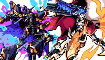 Rule 34 | arm blade, arm cannon, camisole, cape, commentary, digimoji, digimon, digimon (creature), fire, full body, ice, mecha, omegamon, red cape, robot, simple background, sword, two-sided cape, two-sided fabric, vh20/20, weapon, white background, white camisole