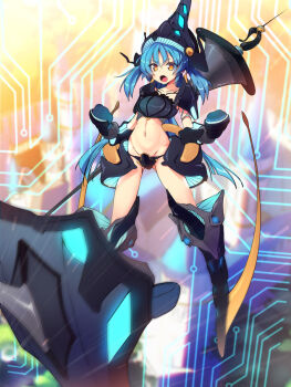 1girl black_boots black_gloves black_hat black_panties black_tube_top blue_hair boots breasts gloves hat looking_at_viewer lukyyuki navel open_mouth panties small_breasts solo strapless tube_top two_side_up underwear usuki_daina wixoss wixoss_diva(a)live yellow_eyes