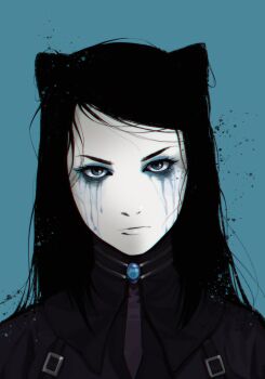 1girl anomarasu black_hair blue_background ergo_proxy eyeliner eyeshadow frown highres long_hair makeup messy_hair portrait re-l_mayer runny_makeup solo upper_body