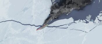 Rule 34 | aircraft carrier, chinese commentary, chise huixing denixi, commentary request, from above, frozen ocean, highres, ice, military vehicle, no humans, ocean, original, scenery, ship, smoke, warship, watercraft