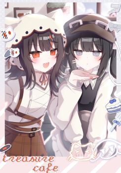 Rule 34 | 2girls, :d, animal ears, animal hat, black hair, blunt bangs, border, brown hat, brown skirt, cat ears, cat hat, chinese commentary, commentary request, fake animal ears, fake photograph, hat, highres, holding, holding tray, indoors, ksjsa, kurobe nanoka, long hair, long sleeves, looking at viewer, mahou shoujo no majo saiban, multicolored hair, multiple girls, official alternate costume, open mouth, sawatari coco, sharp teeth, shirt, skirt, smile, standing, streaked hair, teeth, tray, treasure cafe, waitress, white border, white hat, white shirt