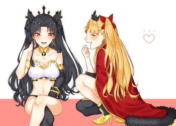 2girls armlet bare_shoulders bikini black_bikini black_bow black_hair black_socks black_thighhighs black_tiara blonde_hair blush bow breasts bridal_gauntlets cape clenched_hand closed_eyes collarbone crossed_legs earrings ereshkigal_(fate) fate/grand_order fate_(series) fingernails fur-trimmed_cape fur_trim gold_armlet gold_earrings gold_shoes hair_bow hand_up heart high_heels highres hoop_earrings ishtar_(fate) jewelry large_breasts long_hair looking_at_another multiple_girls navel on_one_knee open_mouth parted_bangs red_bow red_cape red_eyes shoes simple_background single_bridal_gauntlet single_sock single_thighhigh sitting smile socks swimsuit teeth thighhighs tiara two_side_up wavy_hair white_background white_bikini yunoji_(onigiri_yumi09)