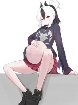 1girl absurdres black_choker black_hair black_hoodie black_panties black_shoes blue_archive choker closed_mouth commentary demon_horns demon_wings earrings english_commentary full_body gluteal_fold halo highres hood hoodie horns jewelry jiria kayoko_(blue_archive) long_hair long_sleeves looking_at_viewer multicolored_hair navel panties pleated_skirt ponytail pregnant purple_skirt shoes simple_background sitting skirt solo two-tone_hair underwear white_background white_hair wings
