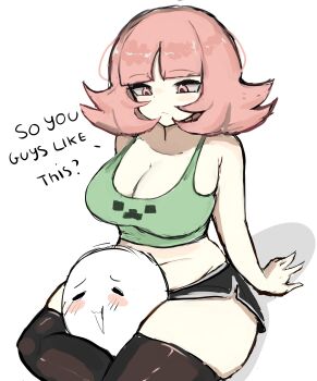 1boy 1girl absurdres bare_shoulders black_shorts black_thighhighs breasts brown_hair cleavage creeper danganronpa_(series) danganronpa_2:_goodbye_despair flipped_hair green_shirt hair_ornament head_between_thighs highres large_breasts long_hair m3link minecraft mole mole_on_breast nanami_chiaki navel pink_eyes scissorhold shirt shorts simple_background thighhighs